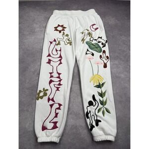 Market Sweatpants Mens Small White Graphic Floral‎ Art Pants Drawstring Casual